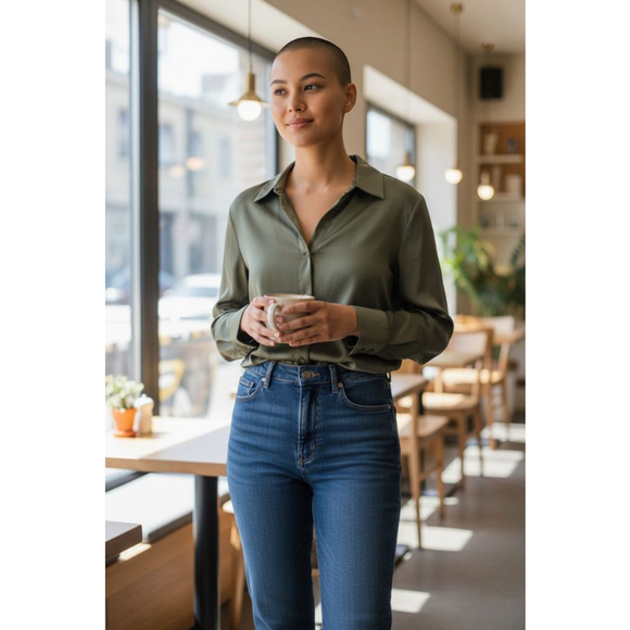H&M Tops - H&M Silky Feel Olive Green Button Front Blouse with Button Cuffs in Olive Green